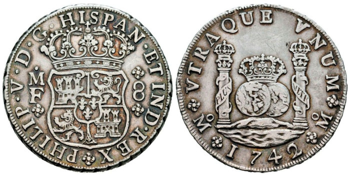 Cy08804.- FELIPE V - 8 Reales Columnario 1742 sobre 41. Mexico M.F. - MBC+
