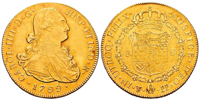 Cy13697.- CARLOS IV  8 Escudos 1799 Potosi   P.P. EBC-.  Oro