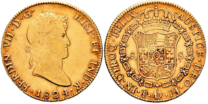 Cy15617.-FERNANDO VII - 8 Escudos 1824 Potosi P.J - EBC. ESCASA