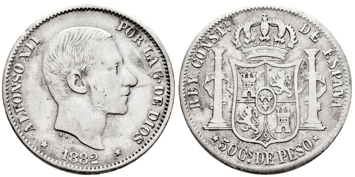 Cy16633E.-  ALFONSO XII -  50 Ctv. Peso 1882 Filipinas - MBC