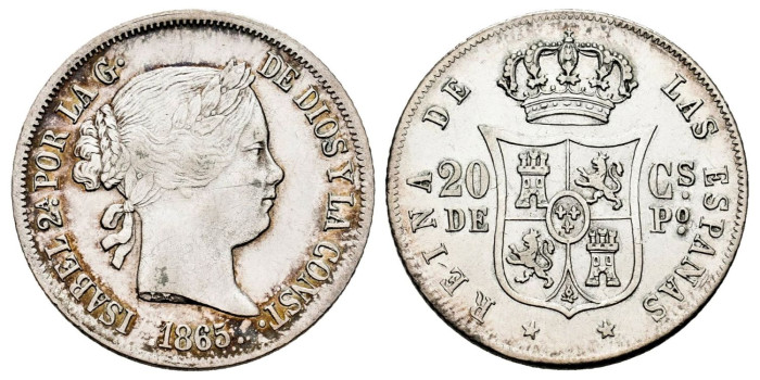 Cy16165.- ISABEL II - 20 Ctm. Peso 1865 Manila - EBC
