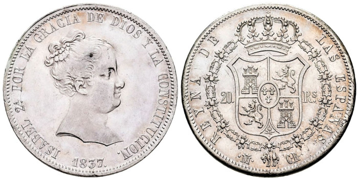 ISABEL II - 20 Reales 1837 Madrid CR- EBC-
