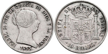 Cy16198.- ISABEL II  10 Reales 1853 sobre 52. Sevilla. EBC-