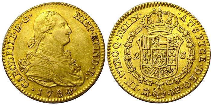copy of Cy13360.- CARLOS IV  2 Escudos 1794 MADRID M.F - ORO
