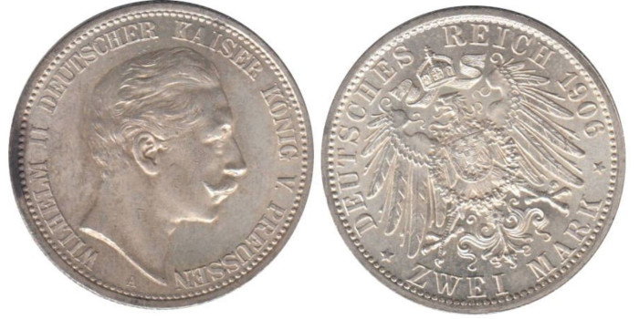 ALEMANIA ESTADOS - PRUSSIA K-522, 2 MARCOS 1906 A, SC plata
