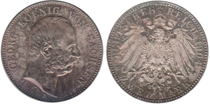 ALEMANIA ESTADOS - SAXONY K-1257-  2 MARCOS 1904E. SC -Plata