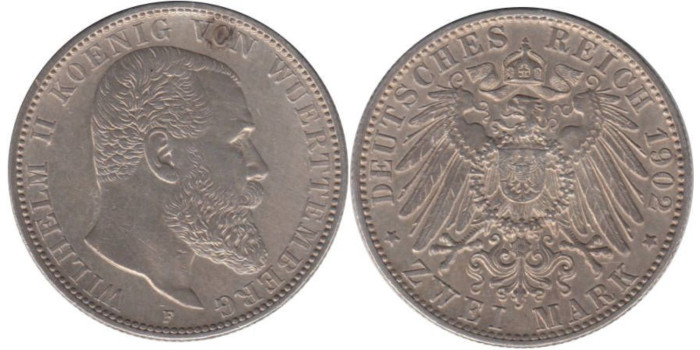 ALEMANIA ESTADOS - WURTTEMBERG  K-631- 2 MARCOS 1902 F SC -Plata