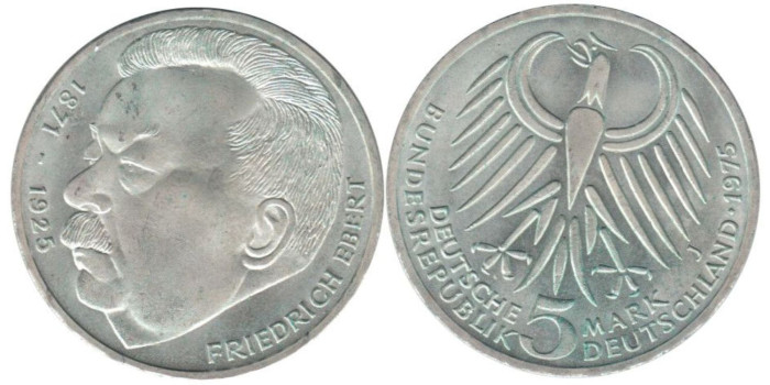 ALEMANIA FEDERAL - K-141 - 5 MARCOS 1975J , SC  plata