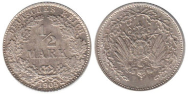 ALEMANIA IMPERIO - K-017 - 1/2 MARCOS 1905 D, SC  plata