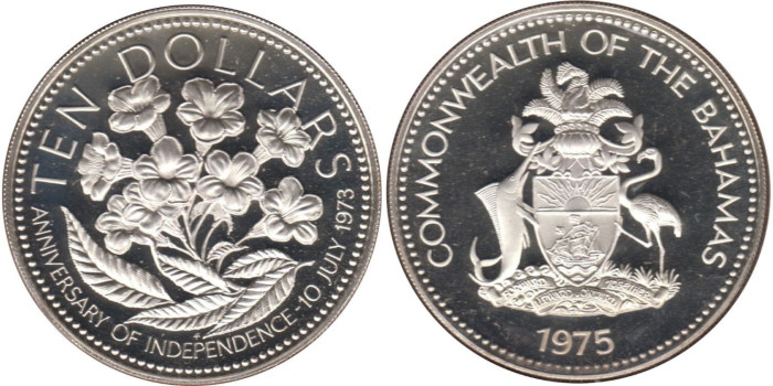 BAHAMAS K-072A, 10  Dolar 1975 PROOF - PLATA