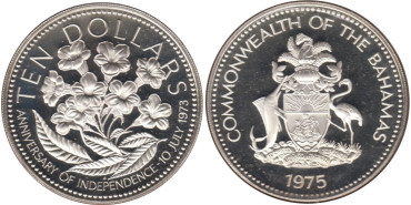 BAHAMAS K-072A, 10  Dolar 1975 PROOF - PLATA
