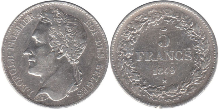 BELGICA - K-003.2, 5 FRANCOS 1849 MBC golpe en canto