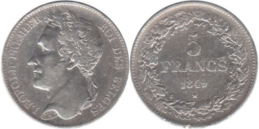 BELGICA - K-003.2, 5 FRANCOS 1849 MBC golpe en canto