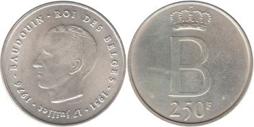 BELGICA - K-157, 250 FRANCOS 1976 SC  Plata