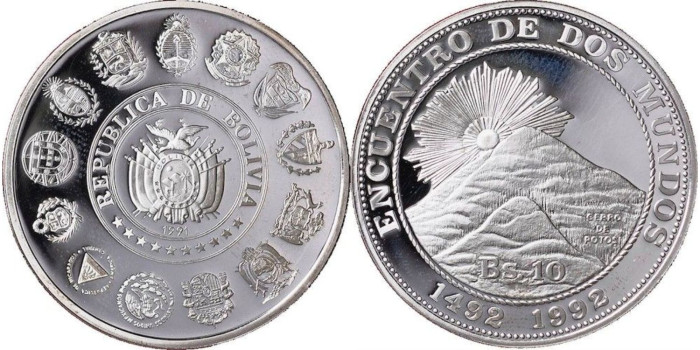 BOLIVIA - K-207 - 10 BOLIVIANOS 1991, proof, plata