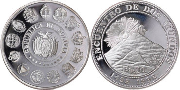 BOLIVIA - K-207 - 10 BOLIVIANOS 1991, proof, plata