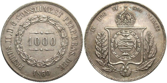 BRASIL  K-465.- 1000 reis 1860 sobre 50 , EBC+  plata