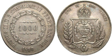 BRASIL - K-465.- 1000 Reis 1860 sobre 50. EBC+  plata