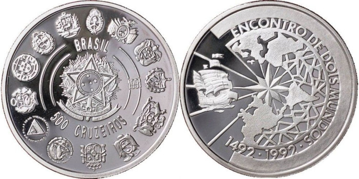 BRASIL - K-621.-  500 Cruzeiros 1991. Proof - plata