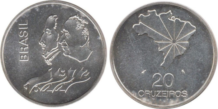 BRASIL  K-583.- 20 CRUZEIROS 1972 , SC  plata