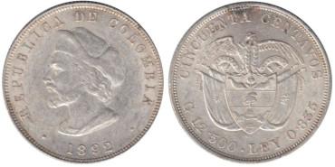 COLOMBIA - K-187,1 - 50 CENTAVOS 1892 , EBC-  plata
