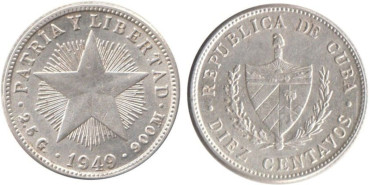CUBA - K-012a - 10 CENTAVOS 1949 , SC  plata