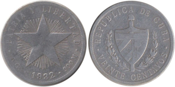 CUBA - K-013.2 - 20 CENTAVOS 1932 , BC  plata