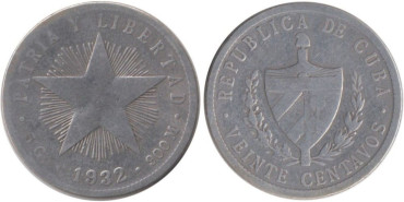 CUBA - K-013.2 - 20 CENTAVOS 1932 , BC  plata