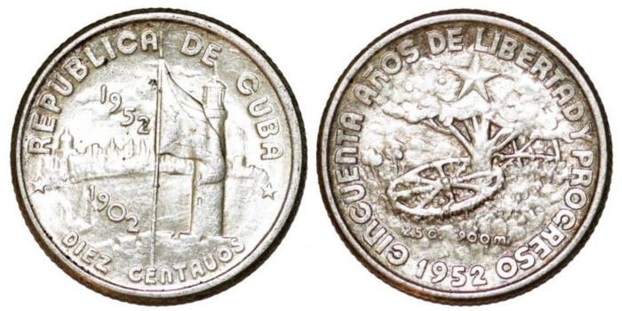 CUBA - K-023 - 10 CENTAVOS 1952 , SC  plata