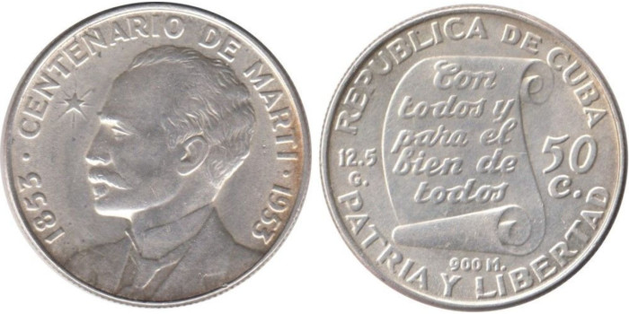 CUBA - K-028 - 50 CENTAVOS 1953 , EBC  plata