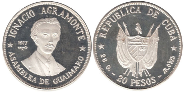 CUBA - K-038 - 20 PESOS 1977 , Proof Plata