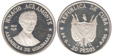 CUBA - K-038 - 20 PESOS 1977 , Proof Plata