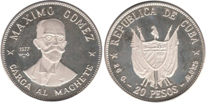 CUBA - K-039 - 20 PESOS 1977 , Proof Plata