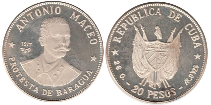 CUBA - K-040 - 20 PESOS 1977 , Proof Plata