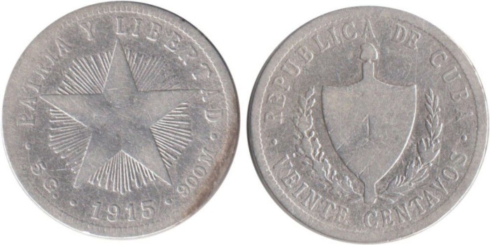 CUBA - K-013.2 - 20 CENTAVOS 1915 , BC  plata