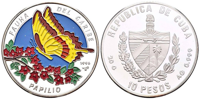 CUBA - K-566 10 PESOS 1996 PLATA - PROOF COLOR