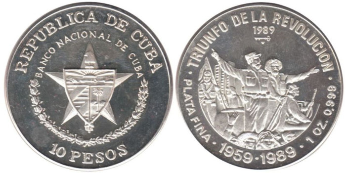 CUBA - K-162, 10 PESOS 1989  Proof plata