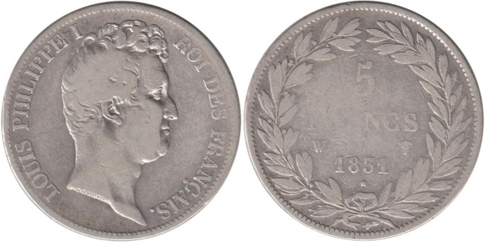 FRANCIA - K-0736.3 - 5 FRANCOS 1831W , BC-  plata