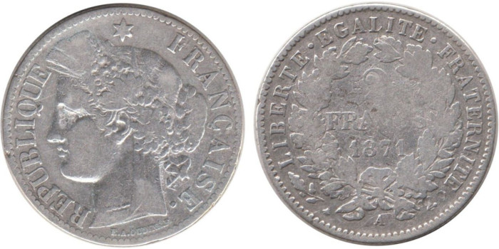 FRANCIA - K-0817.1 - 2 FRANCOS 1871A , BC  plata