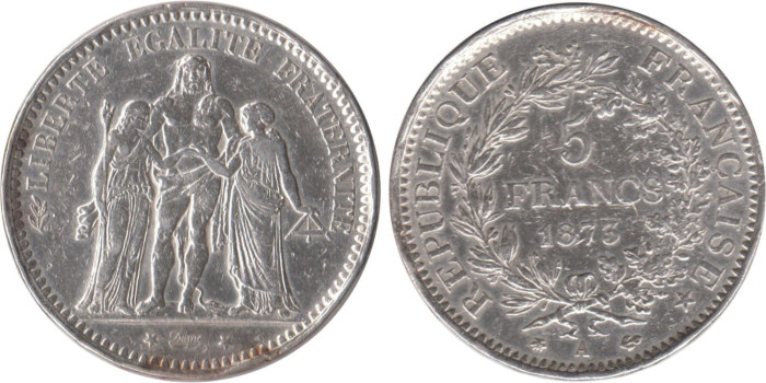 FRANCIA - K-0820.1 - 5 FRANCOS 1873A , MBC  plata
