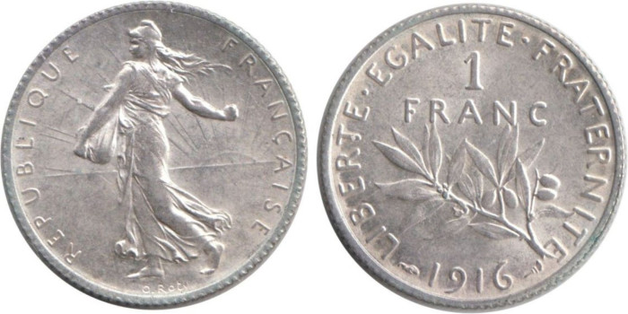 FRANCIA - K-0844.1 - 1 FRANCO 1916 , SC  plata