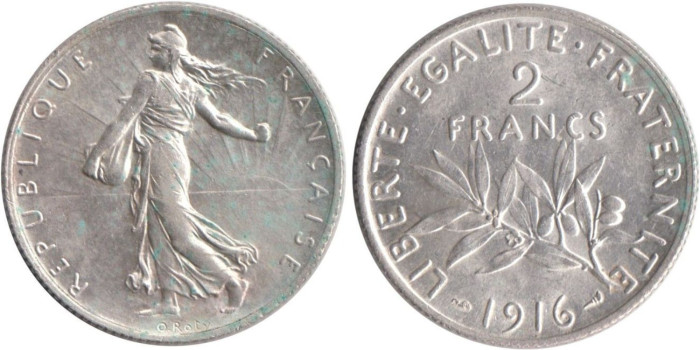 FRANCIA - K-0845 - 2 FRANCOS 1916 , SC  plata