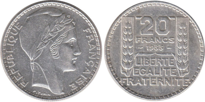 FRANCIA - K-0879 - 20 FRANCOS 1933 , EBC  plata