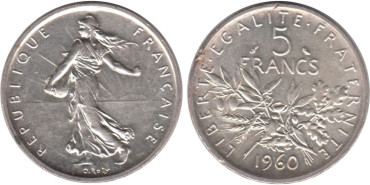 FRANCIA - K-0926 - 5 FRANCOS 1960 , EBC  plata