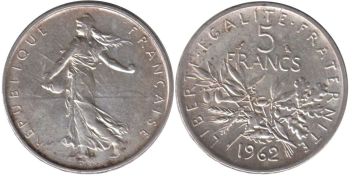 FRANCIA - K-0926 - 5 FRANCOS 1962 , SC  plata