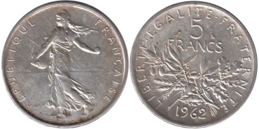 FRANCIA - K-0926 - 5 FRANCOS 1962 , SC  plata