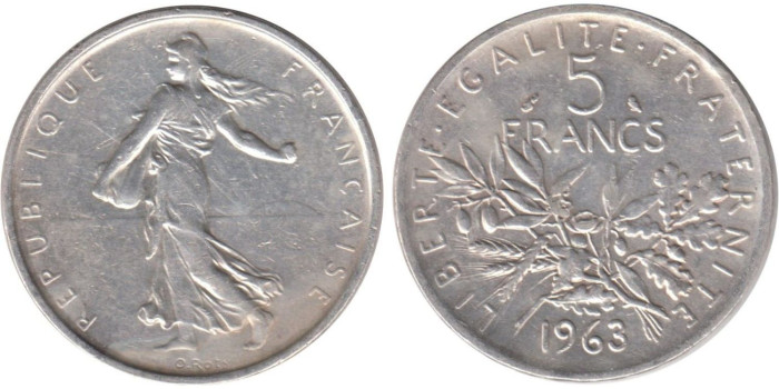 FRANCIA - K-0926 - 5 FRANCOS 1963 , EBC  plata