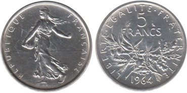 FRANCIA - K-0926 - 5 FRANCOS 1964 , EBC  plata