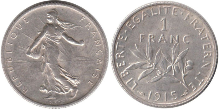 FRANCIA - K-0844.1 - 1 FRANCO 1915 , MBC+  plata