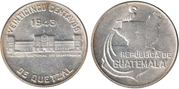 GUATEMALA - K-253 - 1/4 QUETZAL 1943 SC  plata